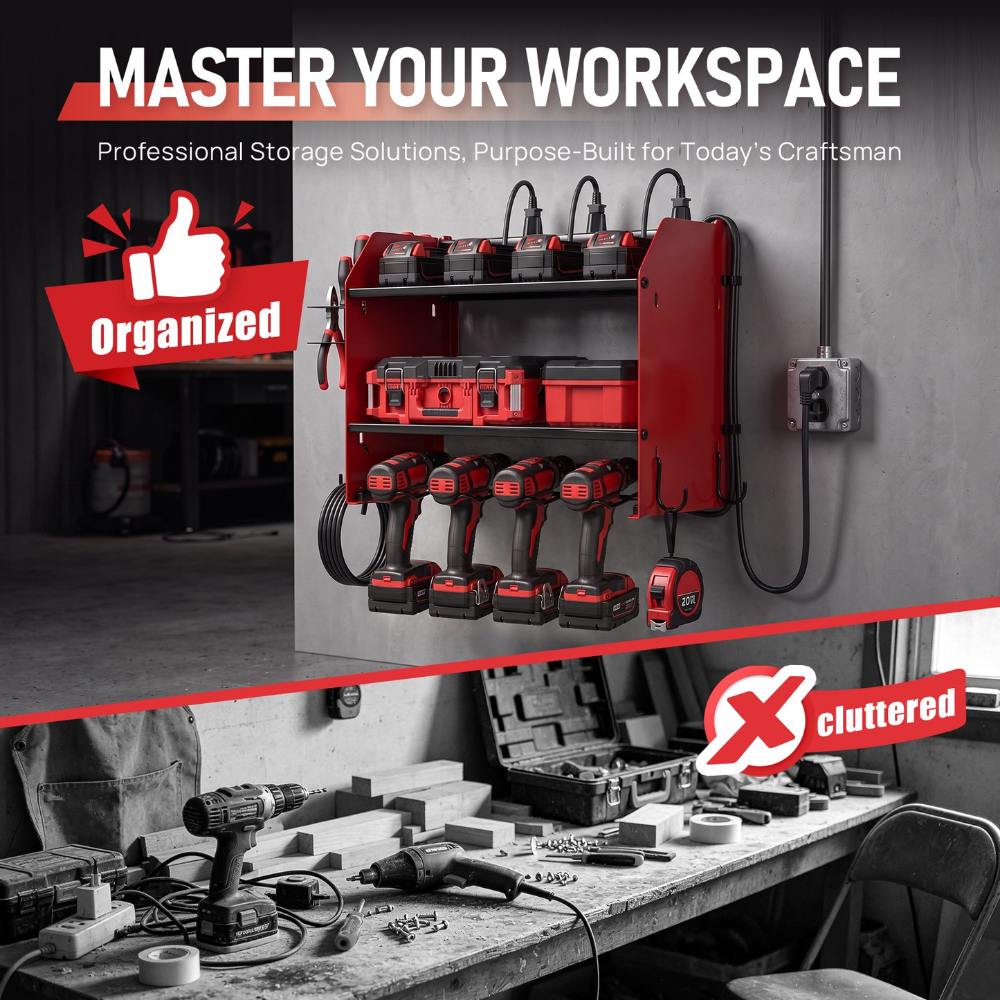 Power Tool Organizer with 8 Charging Station & Outlets, Garage Drill Storage Shelf with 4 Drill Holder, 3 Layer Heavy Duty Tool Storage Rack, Gift for Men (Red)