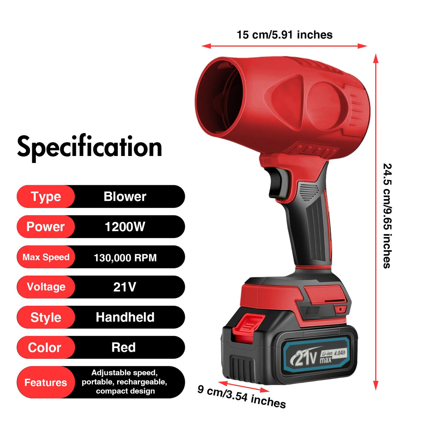 21V Electric Cordless Leaf Blower,1200W,130000RPM Handheld Leaf Blower 2*4.0Ah Batteries and Charger Included for Patio Cleaning,Lawn Care,Blowing Leaves and Dust,Red