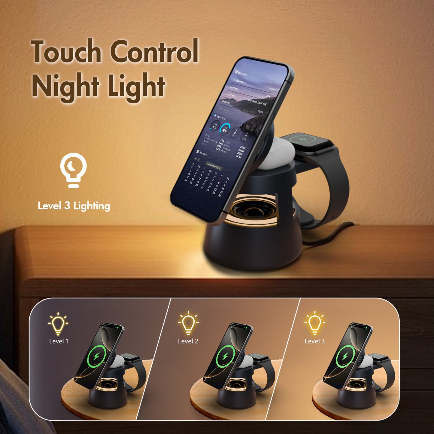 5 in 1 wireless charger For iPhone AirPods iWatch, Charging Station with Mushroom Light for MagSafe Magnetic Charger, 22.5 W Travel Stand,Fast for Multiple Devices