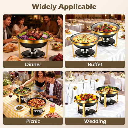 Black Chafing Dishes for Buffet with Glass Lid (5.3QT, 6Pack), Maifanite-Coated Round Chafing Dish Set Mirror-Polished Stainless Steel, Stackable, Lid Holder for Party, Wedding