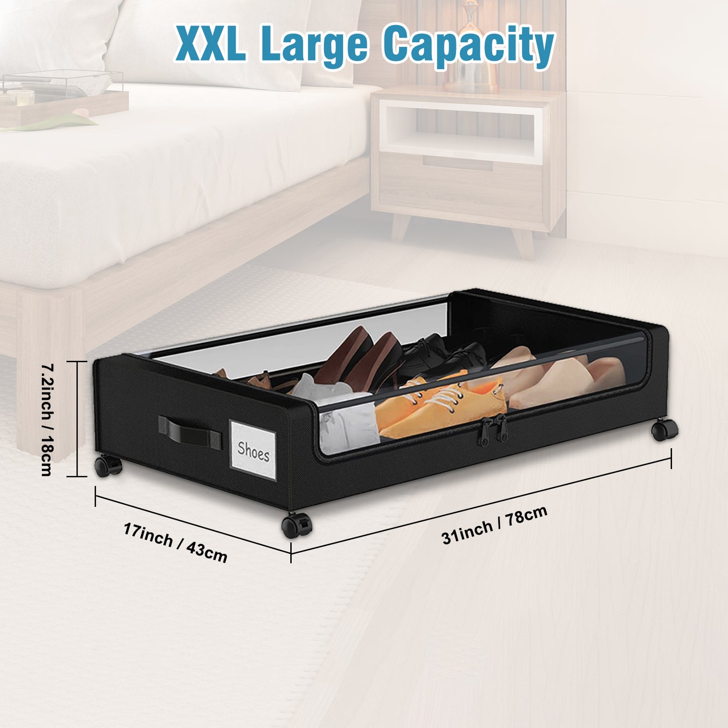 Under Bed Storage with Wheels, 2-Pack Under the Bed Storage Containers with Clear Lids & Label, Underbed Storage Bins, XXL 60L Rolling Metal Drawer for Clothes, Shoes, Toys, Books - Black