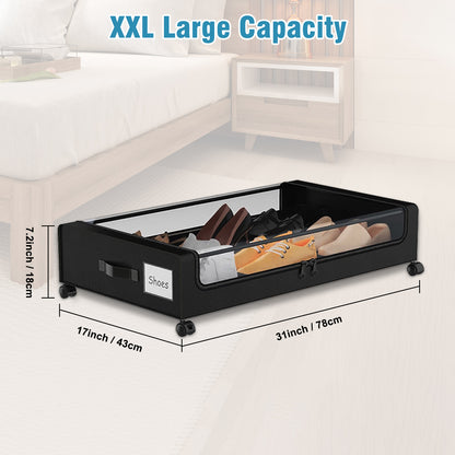 Under Bed Storage with Wheels, 2-Pack Under the Bed Storage Containers with Clear Lids & Label, Underbed Storage Bins, XXL 60L Rolling Metal Drawer for Clothes, Shoes, Toys, Books - Black