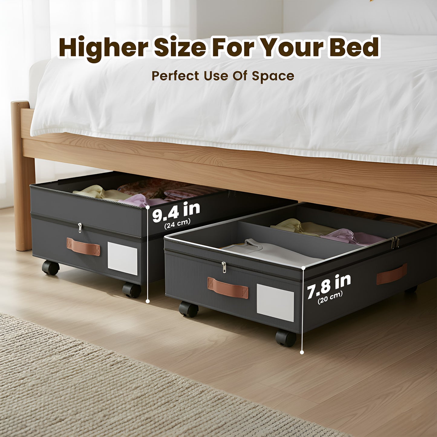 Under Bed Storage with Wheels 2-Pack, 65L XXL Under the Bed Storage Containers Large, 12" Tall Adjustable Storage for Underbed with Lids, Rolling for Shoes, Clothes, Blankets (Black)