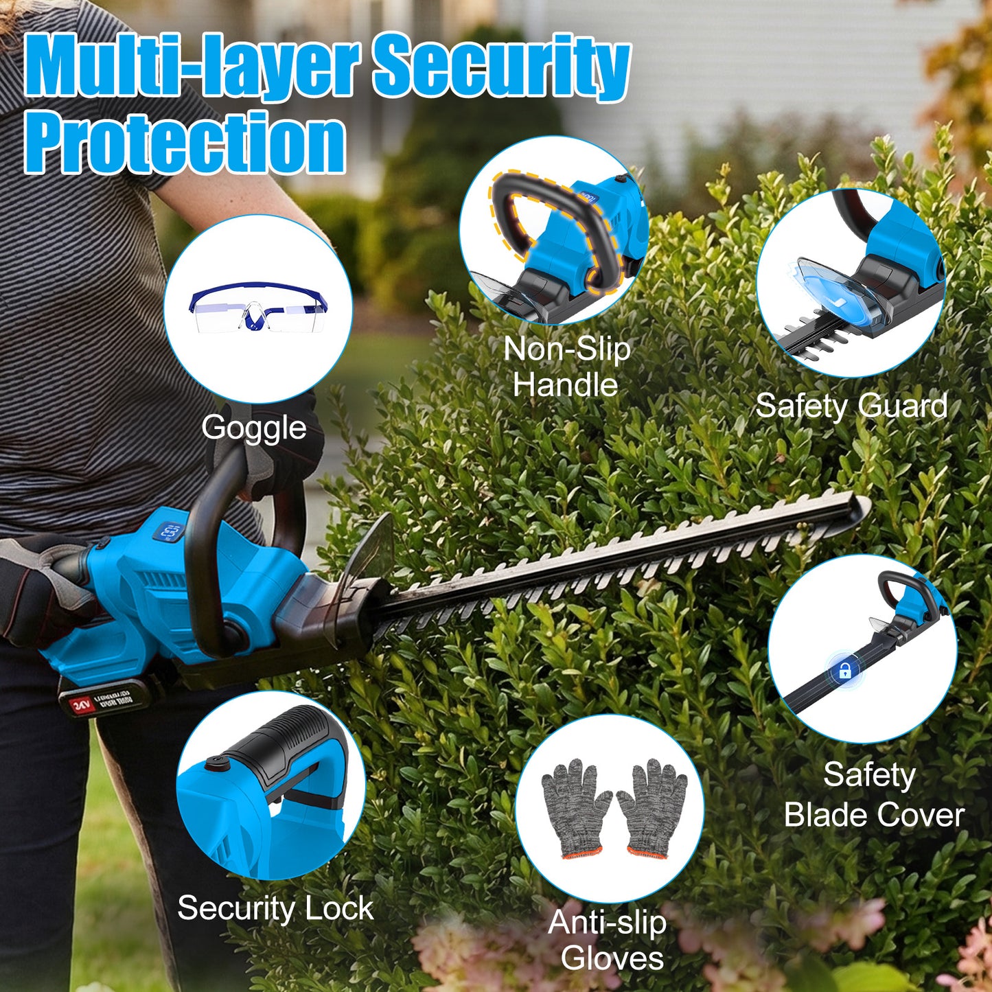 22" Cordless Hedge Trimmer with 180～ Rotatable Head, 21V Electric Bush Trimmer with 2 x 2000mAh Batteries, 1000W 24000r/min Motor, 68Mn Steel Blade for Garden Yard, Blue