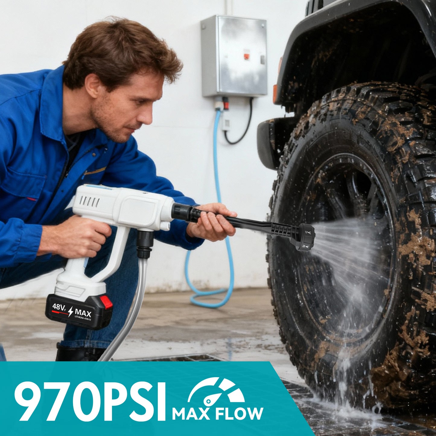 BAOKALER Cordless Pressure Washer, 970PSI Portable Power Washer with 4AH Battery, 6 in 1 Nozzle Electric High Power Washer with Brushless Motor, White