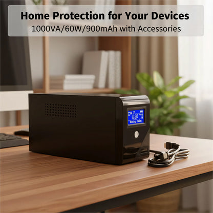 CATGOOD Backup UPS Power Supply 1000VA 600W Battery Backup Power with 3 Outlets and LCD Display, Suitable for Home and Office