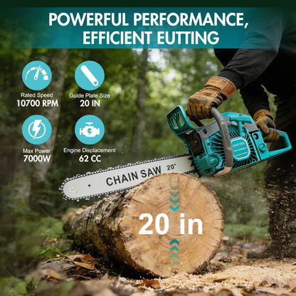 BAOKALER 10700 RPM 2-Cycle 62CC Heavy Duty Chainsaw, 20-Inch Gas Chainsaw, 3.4HP Powerful Chainsaws, for Farm/Garden/Ranch/Heavy-Duty Wood Cutting