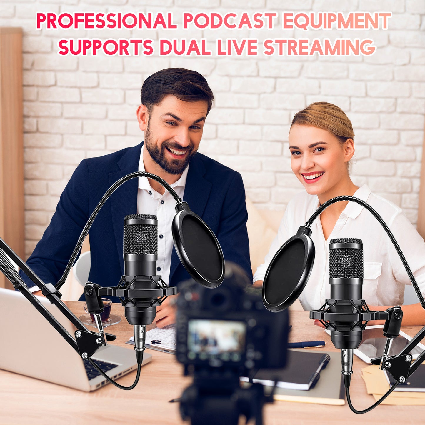 Podcast Equipment Bundle for 2, V8K Live Sound Card with BM800 Condenser Microphone, Perfect for Live Streaming, Singing