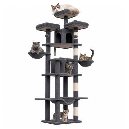 80" Cat Tree Tower, Big Cat Tower for Multiple Adult Cats, Multi-Level Tall Cat Tree with 3 Platforms, 2 Condos, 2 Hanging Basket, Hammock and Scratching Frame for Indoor Kitties, Dark Grey