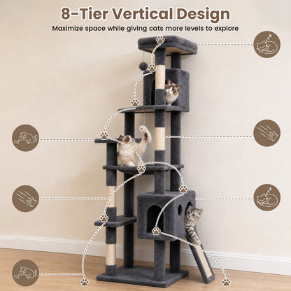 70" Cat Tree Tower, Heavy Duty Cat Tower for Multiple Adult Cats, Multi-Level Tall Cat Tree with 2 Condos, Hammock and Scratching Post for Indoor Kitties, Dark Grey