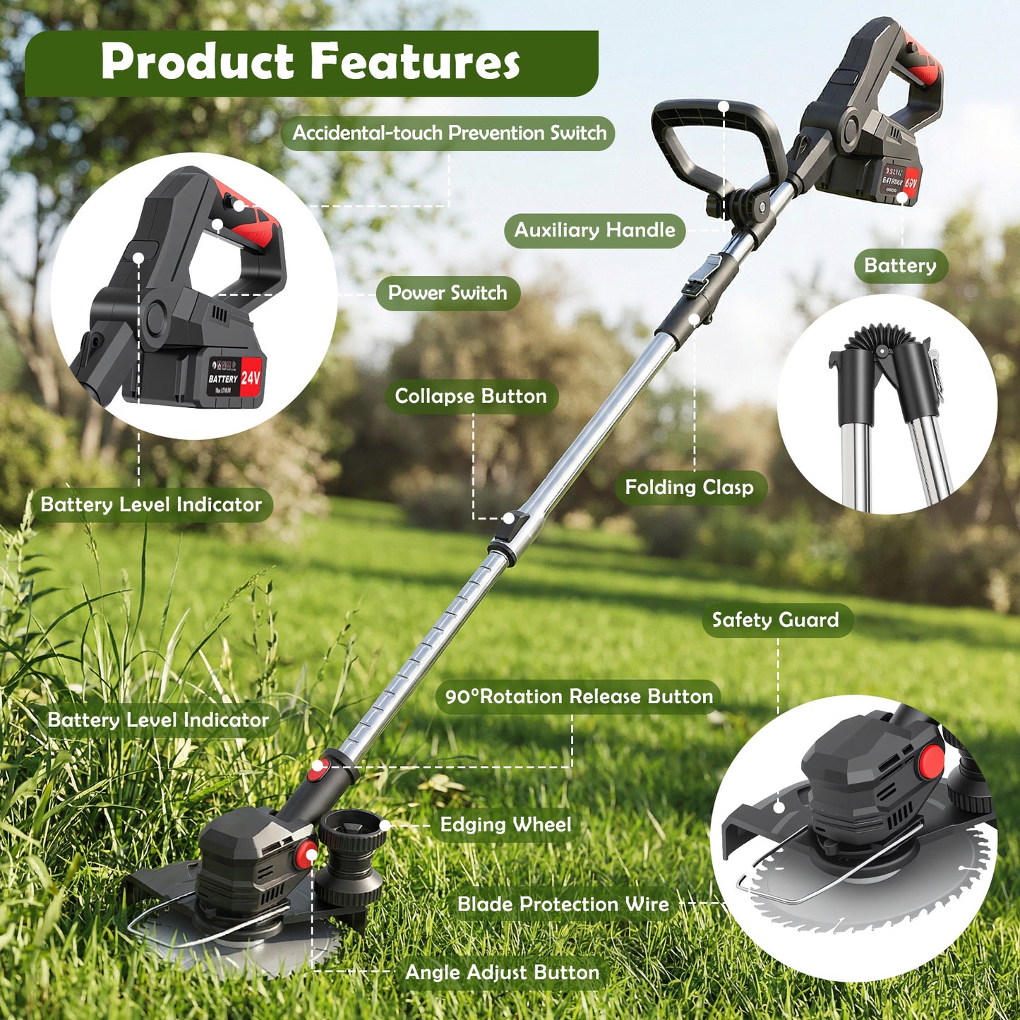 Electric Cordless Weed Eater, 4.0Ah Cordless Weed Wacker String Trimmer, 24V Grass Trimmer with 2 Battery, Charger Included