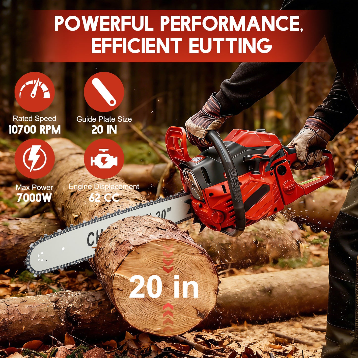 BAOKALER 20-Inch Gas Chainsaw, 10700 RPM 2-Cycle 62CC Heavy Duty Gas Chainsaw, 3.4HP Powerful Chainsaws, for Farm/Garden/Ranch/Wood Cutting