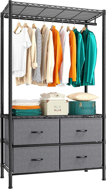 Clothing Rack Heavy Duty Clothes Rack for Hanging Clothes Adjustable Wardrobe Closet with 4 Drawers Freestanding Garment Rack for Extra Closet Space, Black