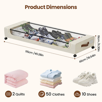 XXL Underbed Storage with Wheels, 2-Pack 85L Large Under Bed Storage Containers with Clear Lid, Rolling Under Bed Storage for Clothes, Shoes, Blankets (Beige)