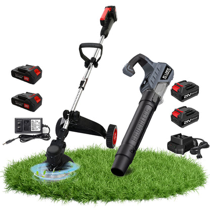 BAOKALER Weed Eaters and Leaf Blower Combo Kit, Cordless Electric Weed Trimmer with Wheels & 2*2000mAh Batteries, 21V Brushless Cordless Electric Leaf Blower