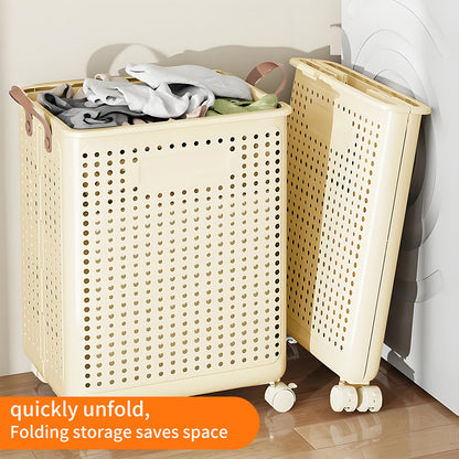 Collapsible Laundry Basket with Wheels and Handle, Plastic Foldable Laundry Hamper, Versatile Portable Storage Basket, Durable and Practical for Laundry and Bathroom