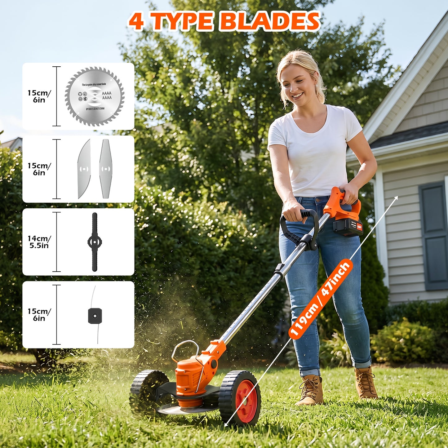 Weed Eaters, Cordless Weed Trimmer with Wheels, 2Pcs 4000mAh Batteries, Adjustable Length, 650W Grass Trimmer/Edger/Brush Cutter for Lawn Yard Garden Maintaining (Orange)