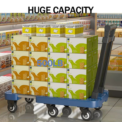 BAOKALER Folding Hand Truck, Heavy Duty Dolly Cart, Push Dolly Cart Foldable Platform with 6 Wheels, Blue