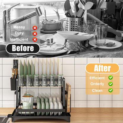 Baokaler Dish Drying Rack, 2 Tier Dish Racks with Water Tray Dish Drainer for Kitchen Counter with Utensil & Cup Holder