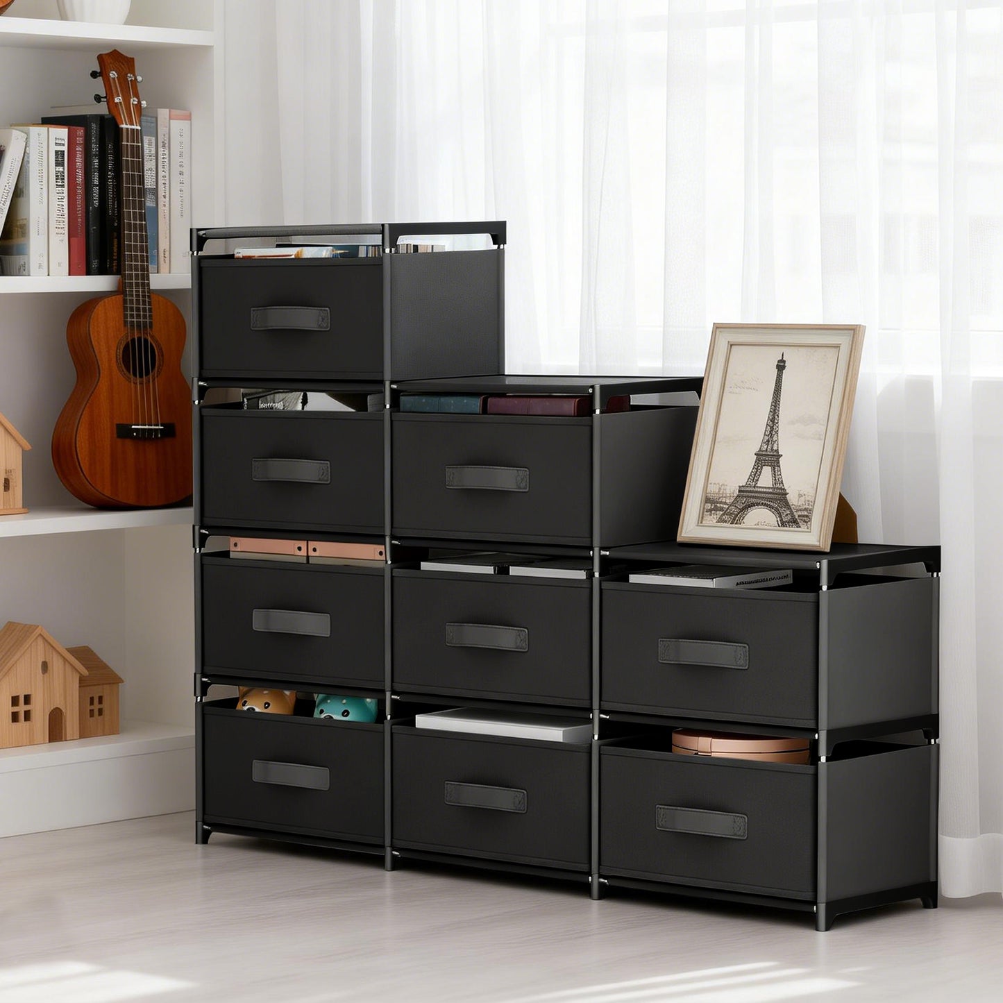 BAOKALER Non-Woven Fabric Multi-Functional Storage Cabinet, 9-Drawer Open Storage Shelf, 10.24×47.24×34.65 Inches, for Bedroom, Living Room, Hallway, Black
