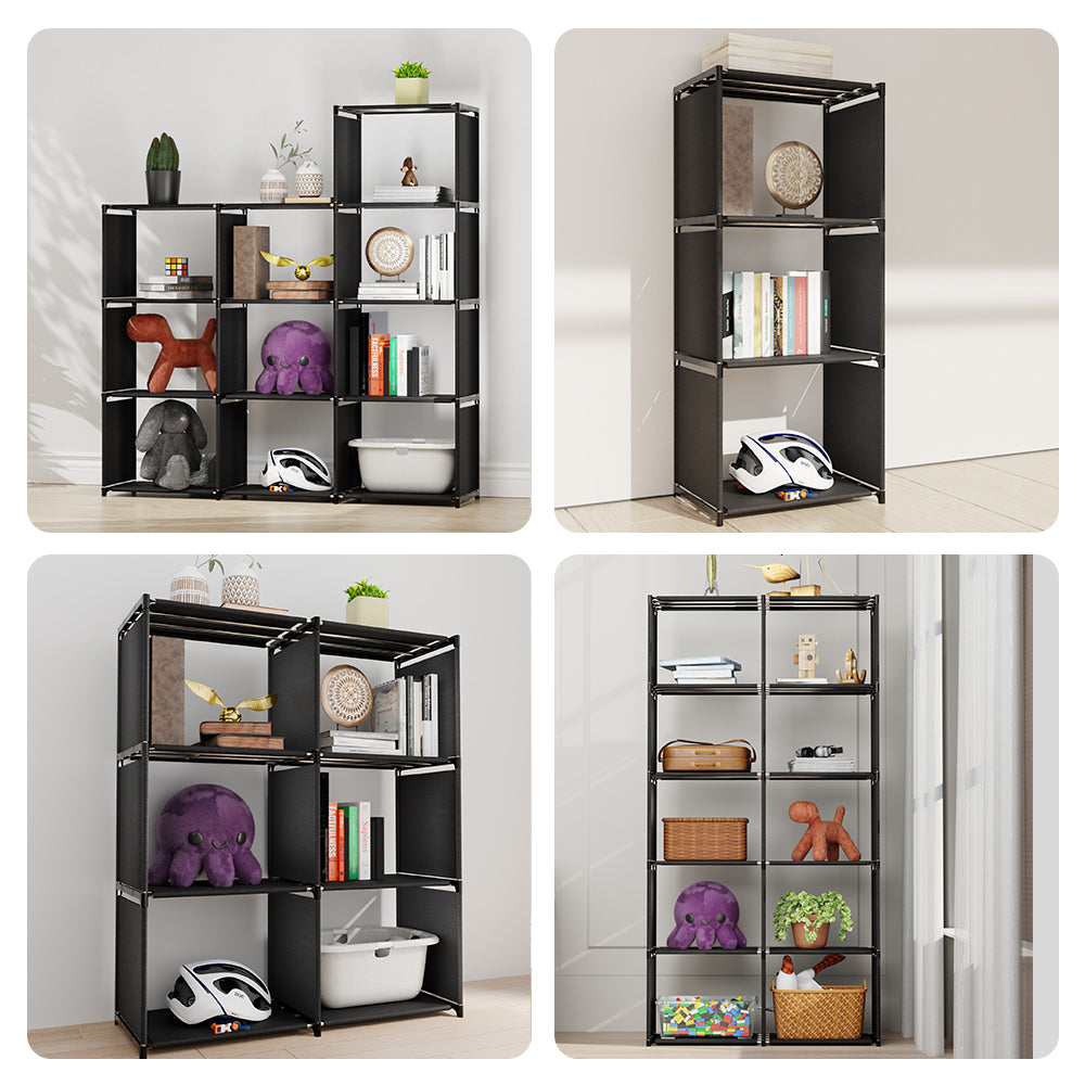 10 Cube Closet Storage Organizer Bookcase, 6-Tiers Portable Bookshelf with Fabric Cloth at Back, Suit for Living Room, Study Room, Bedroom, Black