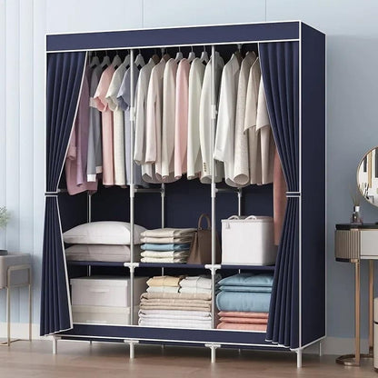 Portable Closet Organizer with Cover, Non-woven Fabric Clothing Rack Shelf, Dustproof Wardrobe Closet Storage, Navy Blue