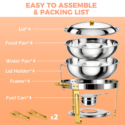 Chafing Dish Buffet Set with 4 Food Tongs, 5.3 QT Stainless Steel Chafing Dishes Round Buffet Food Warmer Chafers Set for Parties Catering Event, Lid Holder 4PCS