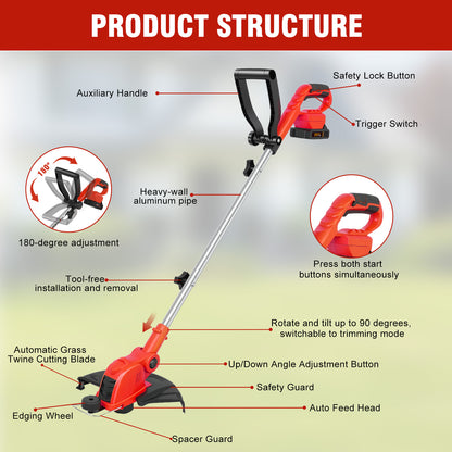 CATGOOD Cordless Weed Wacker, 12 Inch Electric String Trimmer with 10 lines and 2 Batteries, 3-in-1 Lawn Edger with Pivoting Head, Red