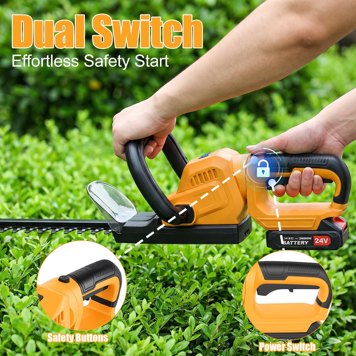 22" Cordless Hedge Trimmer with 180～ Rotatable Head, 21V Electric Bush Trimmer with 2 x 2000mAh Batteries, 1000W 24000r/min Motor, 70Mn Steel Blade for Garden Yard, Yellow