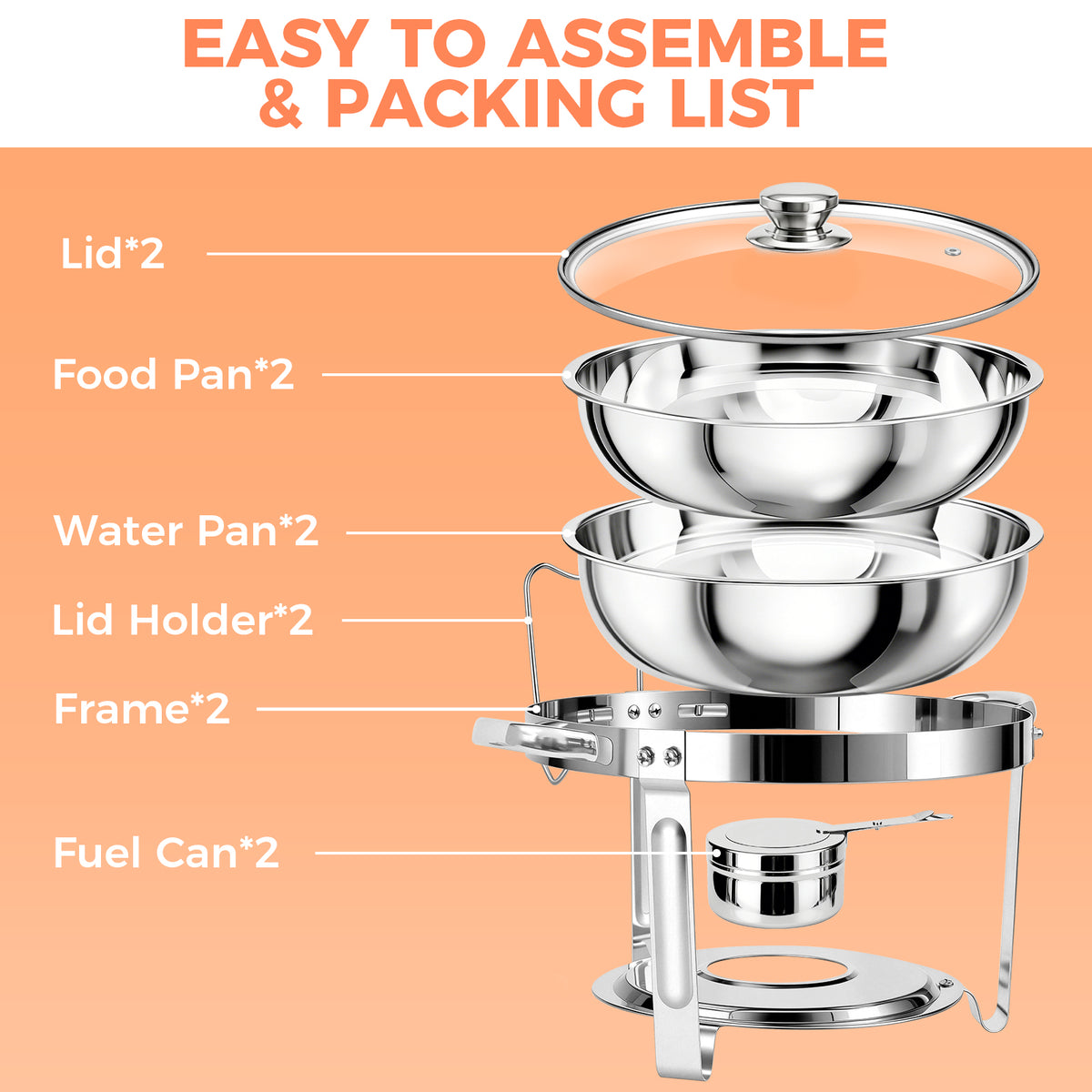 CATGOOD Chafing Dish Buffet Set, 5 Qt 2 Pack, Stainless Steel Chafer with 2 Full Size Pan, Round Catering Warmer Server with Glass Lid Water Pan Folding Stand Fuel Holder, for Wedding Party Banquet