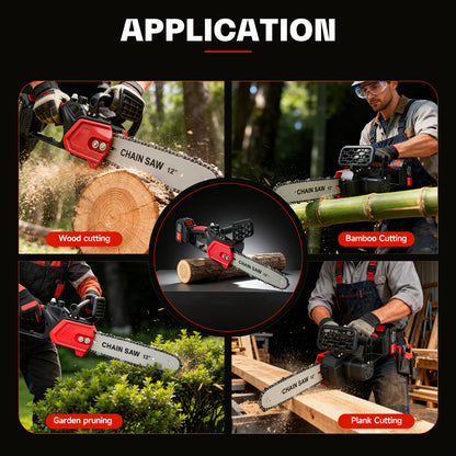 BAOKALER 12" 1800W Cordless Chainsaw, Handheld Electric ChainSaws with 2 x 2.0Ah Batteries & Fast Charger, 3 Chains & 2 Guide Bars, for Wood Cutting, Tree Pruning and Trimming, Red
