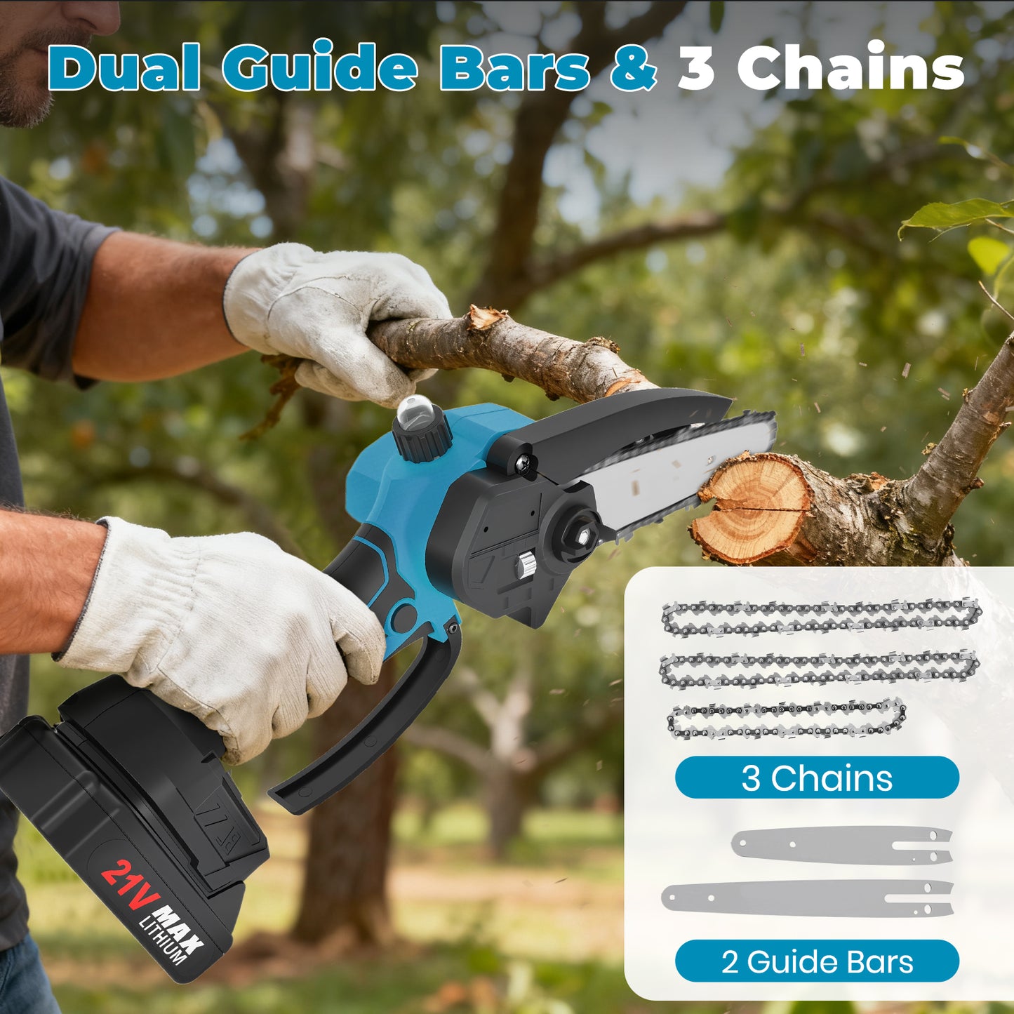 Mini Chainsaw Cordless, 6 inch & 4 inch Portable Electric Chainsaw with 2 Rechargeable Batteries and 3 Chains, for Tree Trimming Wood Cutting, Best Gifts for Father, Dad, Husband, Men, Blue