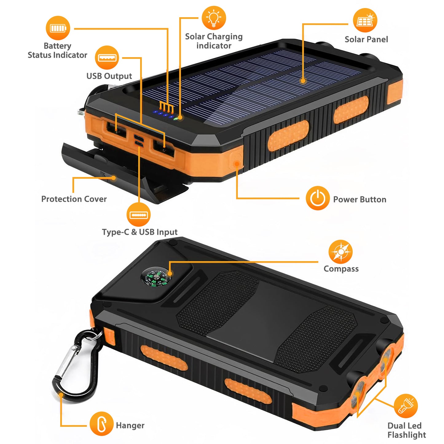 CATGOOD 10000mAh Portable Solar Charger for iphone and Android Power Bank with Dual 5V USB Ports for Outdoor Camping Hiking(Orange)