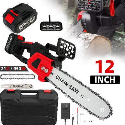 BAOKALER 12" Cordless Chainsaw, 950W Brushless Motor Battery Chain Saw with 2PCS 21V Rechargeable 3.0Ah Battery and Charger for Wood Cutting