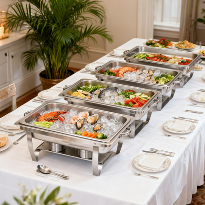 BAOKALER 9QT Chafing Dish Buffet Set with 4 Food Tongs , Foldable Full Size Buffet Server Food Warmer, Stainless Steel Catering Supplies for Party, Banquet, Caterying, Rectangular, Silver, 4 Pack