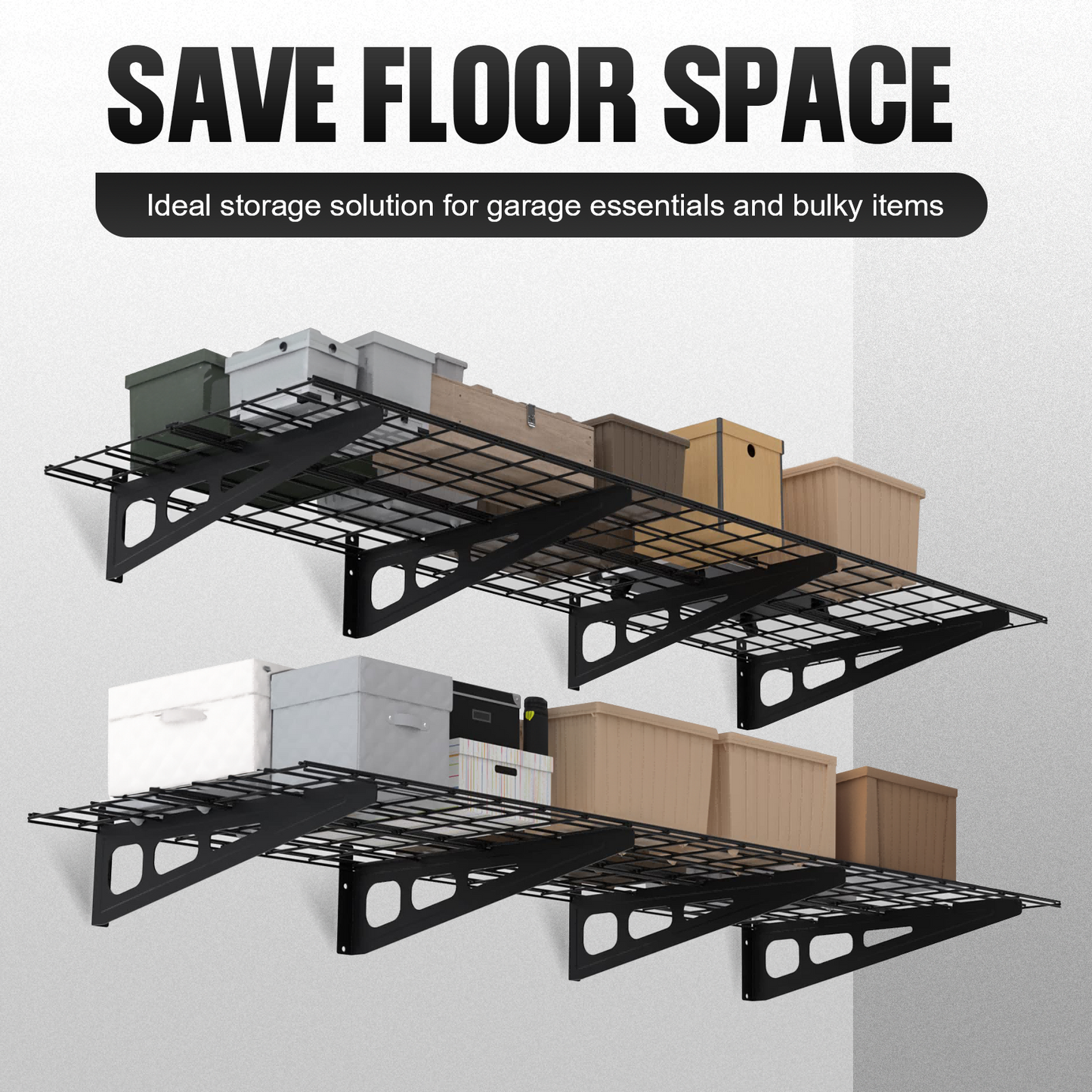 2x6ft Garage Shelving Wall Mounted, 72" x 24" Metal Garage Storage Rack, Industrial Floating Shelves with Wire Grids, 800 Lbs Weight Capacity, Black