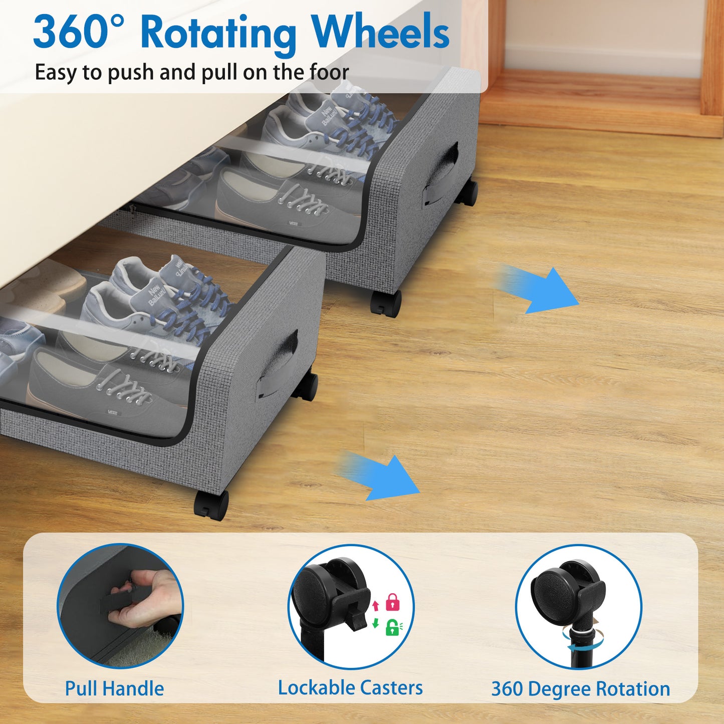 Under Bed Storage with Wheels, 2 Pack Under Bed Storage Containers, Under Bed Shoe Storage Organizer, Rolling Under Bed Metal Drawer for Clothes, Gray