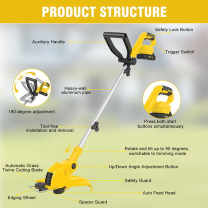 CATGOOD 21V Weed Eater Cordless, 2AH Electric Weed Wacker with 2 Batteries, 3-in-1 Lawn Edger with Auto Line Feed, Foldable String Trimmer with Fast Charger, Yellow