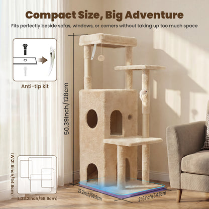 50-inch Large Cat Tree for Adult Cats, Multi-Level Cat Condo with 2 Cozy Caves, Steps, Sisal Scratching Posts & Toys, Beige