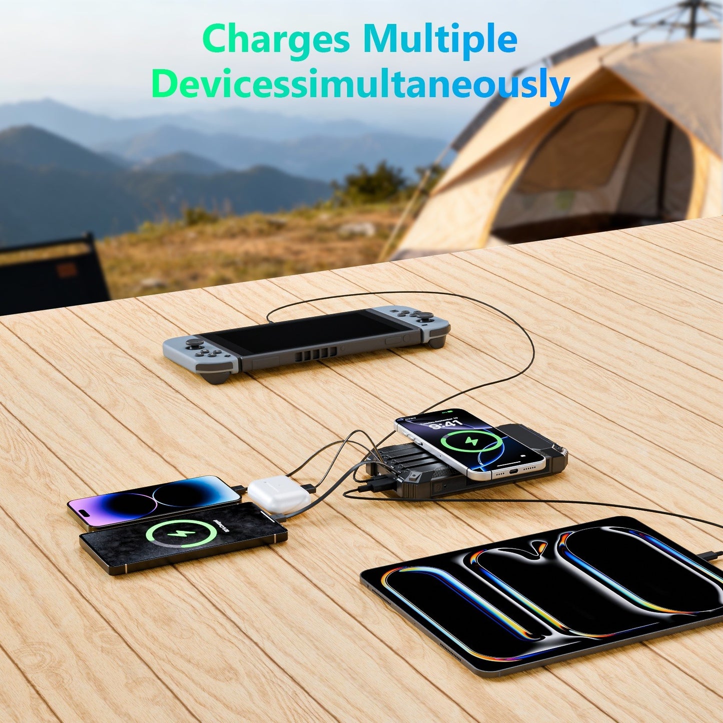 Power Bank Wireless Charger 46800mAh Built in 4 Cables Six Outputs 15W Fast Charging Power Bank for All Mobile Devices Three Inputs Solar Portable Charger with Dual Flashlights, Carabiner(Black)