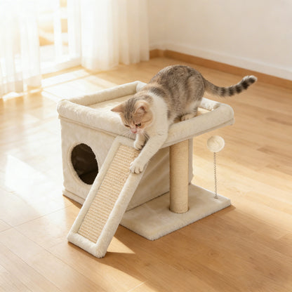 Cat Tree Tower with Perch Bed and Washable Top, Cat Tree with Sisal Scratching Posts, Condos, Plush Perches, Hanging Cat Toys, Extended Platform for Cats to Play and Sleep, Beige