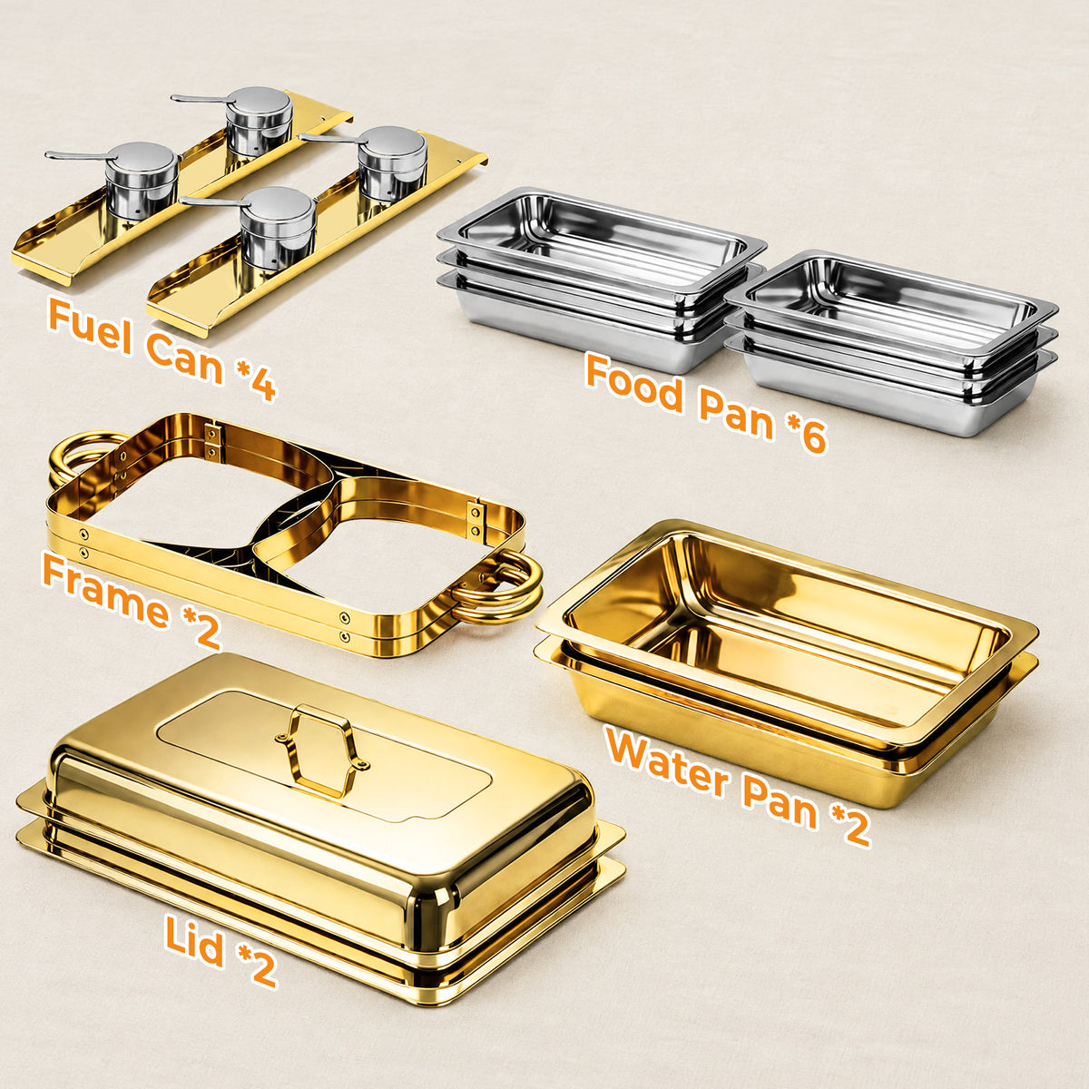 Gold Chafing Dishes for Buffet 2 Pack, 9QT Rectangular Chafing Dish Buffet Set with 3 Compartments & Foldable Frame, Food Warmers for Parties, Catering Trays and Warmers