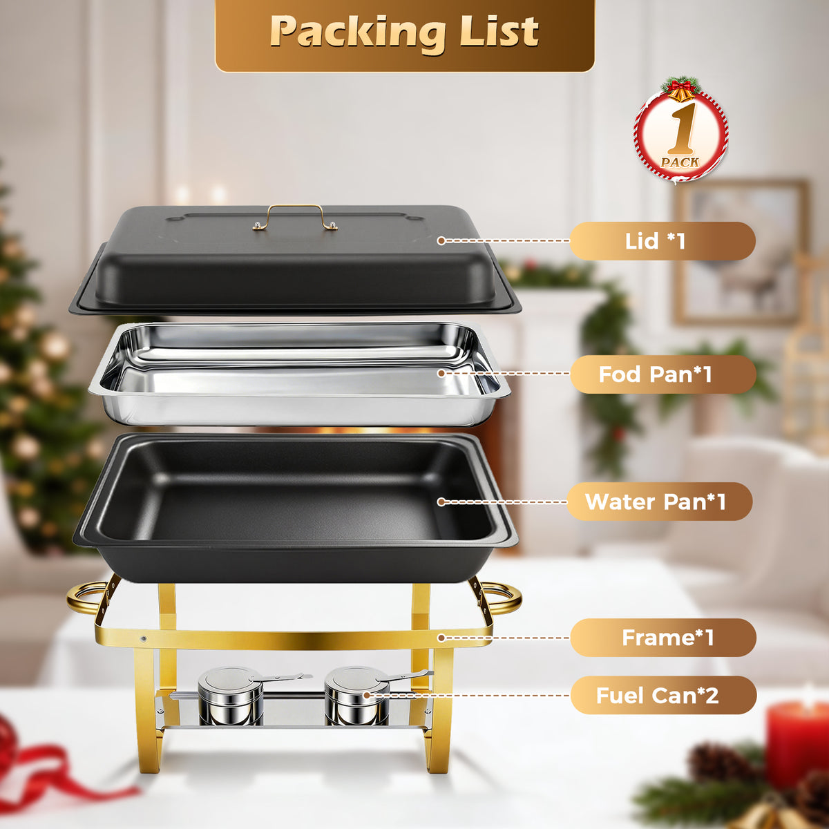 CATGOOD 9QT Black Gold Chafing Dish Buffet Set 1 Pack, Chafing Dishes for Buffet, Buffet Warmer with Scratch-Resistant Coating, Food Warmers for Parties
