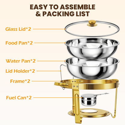 BAOKALER 2 Pack Chafing Dish Buffet Set, 6QT Stainless Steel Food Warmers with Glass Lids & Gold Stands, Buffet Servers for Parties, Weddings, Catering, Home