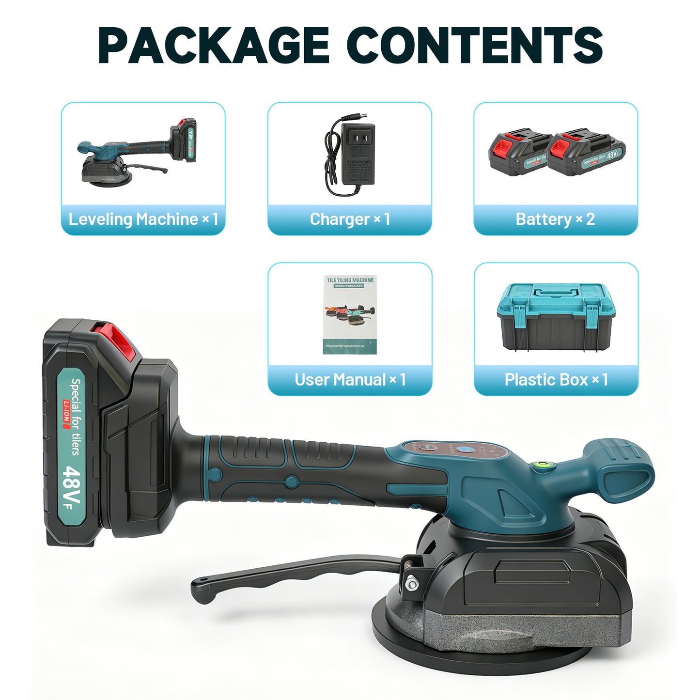 Tile Vibration Leveling Machine, Cordless Tiler Vibration Tool with 5 Adjustable Speed, 2-in-1 Tile Vibration Machine with 5.2in Suction Cup & 176Lbs Adsorption, 2 Batteries
