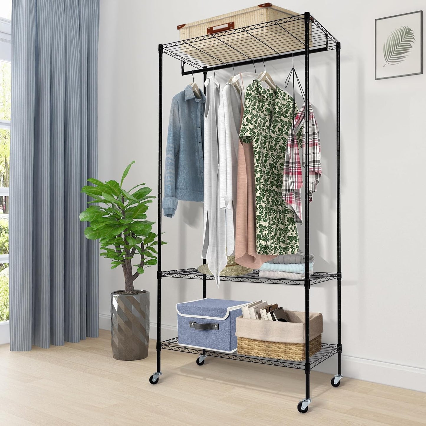 Rolling Garment Rack with Dust Cover, Heavy Duty Clothes Rack on Wheels, Freestanding Wardrobe Rack with 2-Tier Storage Shelf Hanging Rod Gray Cover, 35.4"x17"x72.4" Black Rack