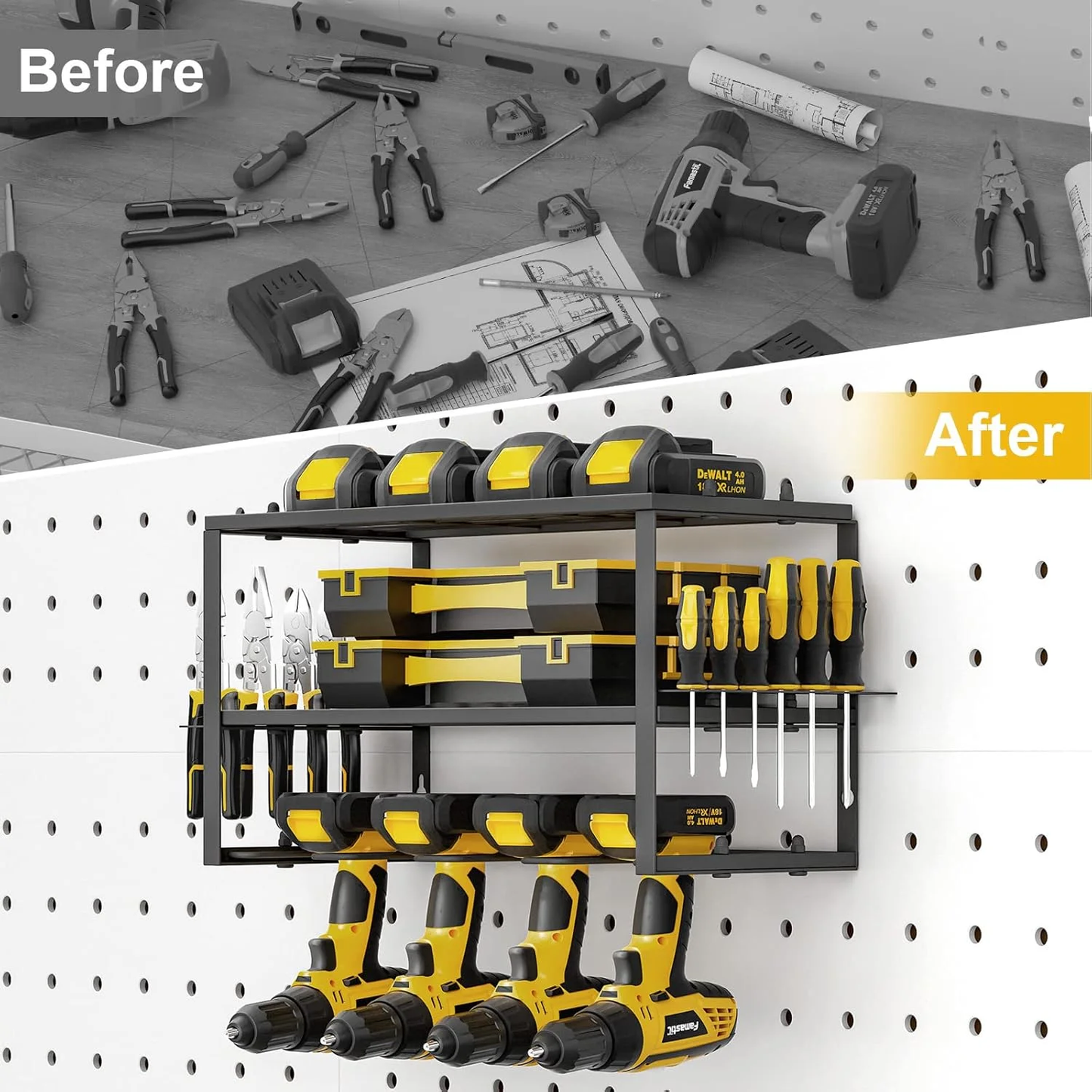 CATGOOD Power Tool Organizer, 3 Layers Storage Rack with 4 Drill Holders, Heavy Duty Metal Floating Tool Shelf Garage Wall Mounted, 180Lbs Load Capacity