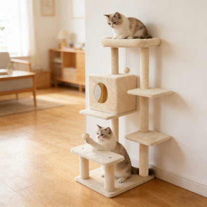 Sturdy 40-inch Cat Tree Tower with Cat Cave & Ramp Steps - Multi-Level Play & Sleep Center for Large Indoor Cats, Beige