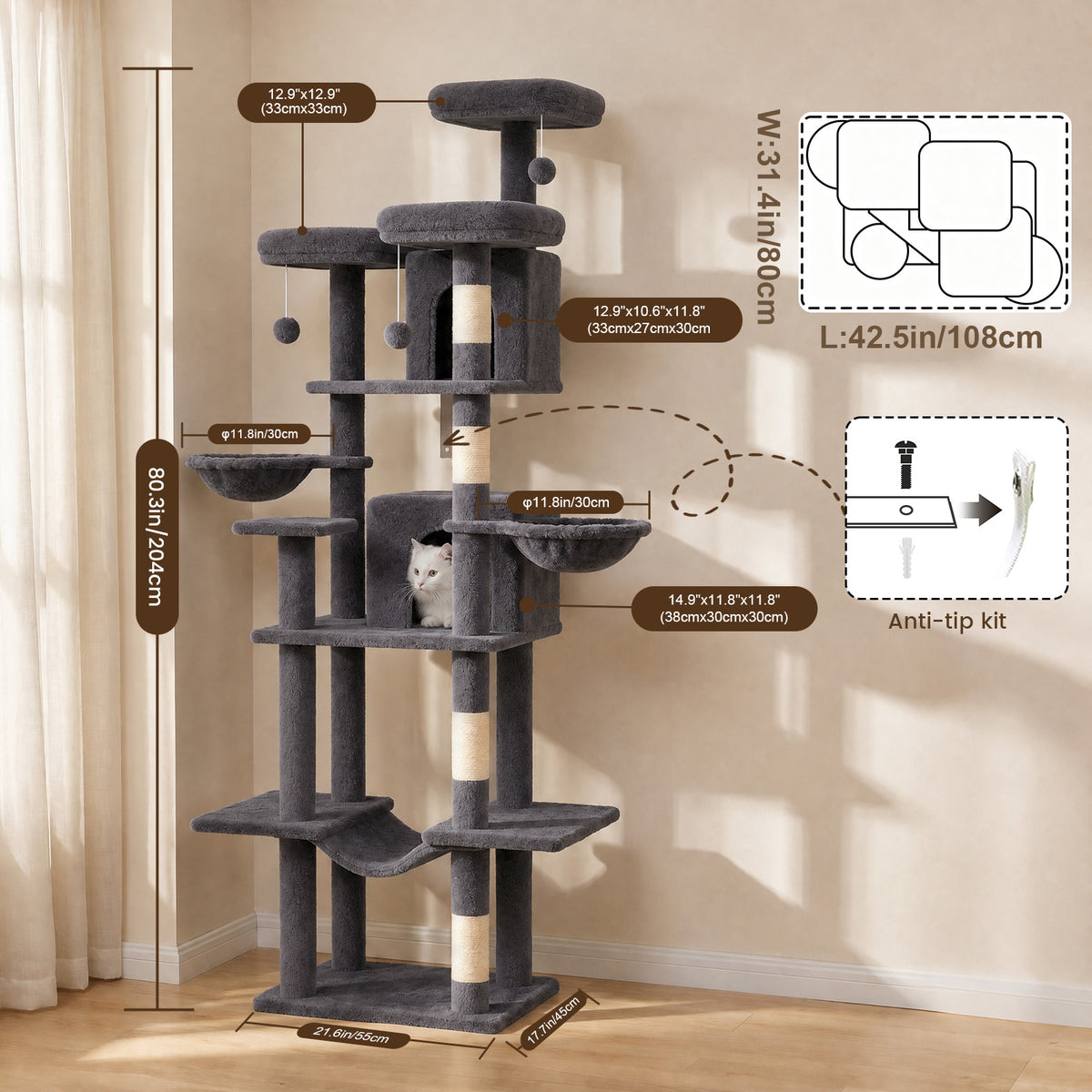 80" Cat Tree Tower, Big Cat Tower for Multiple Adult Cats, Multi-Level Tall Cat Tree with 3 Platforms, 2 Condos, 2 Hanging Basket, Hammock and Scratching Frame for Indoor Kitties, Dark Grey