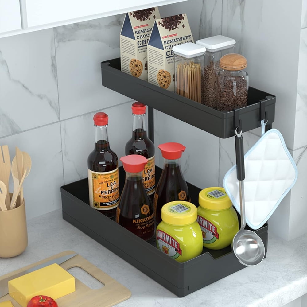 2-Tier Under Sink Organizers and Storage 2 Pack Sliding L-shape Under Bathroom Kitchen Cabinet Organizers Narrow Space Storage Multi-purpose for Bathroom Kitchen Drawer Black